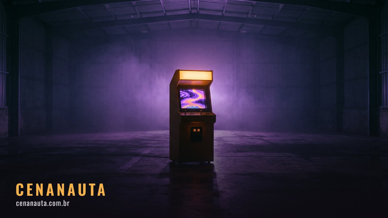 Adaptações de games: fliperama antigo iluminado em uma sala escura