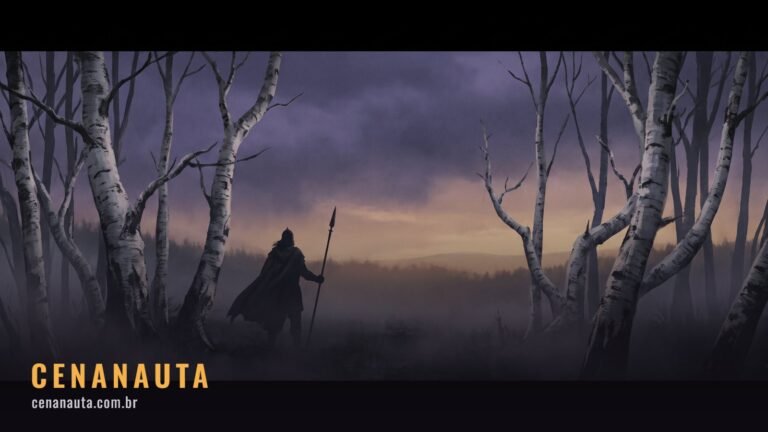 Ahsoka Tano: silhueta solitária em uma floresta de árvores brancas sob um céu violeta