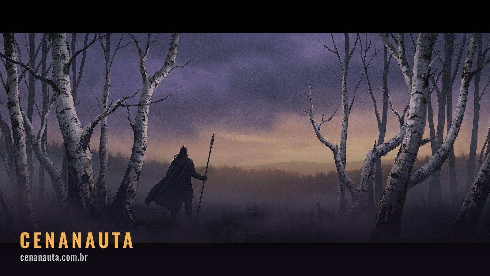 Ahsoka Tano: silhueta solitária em uma floresta de árvores brancas sob um céu violeta