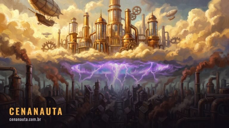 Arcane: cidade steampunk dividida entre torres douradas em cima e cidade baixa enfumaçada