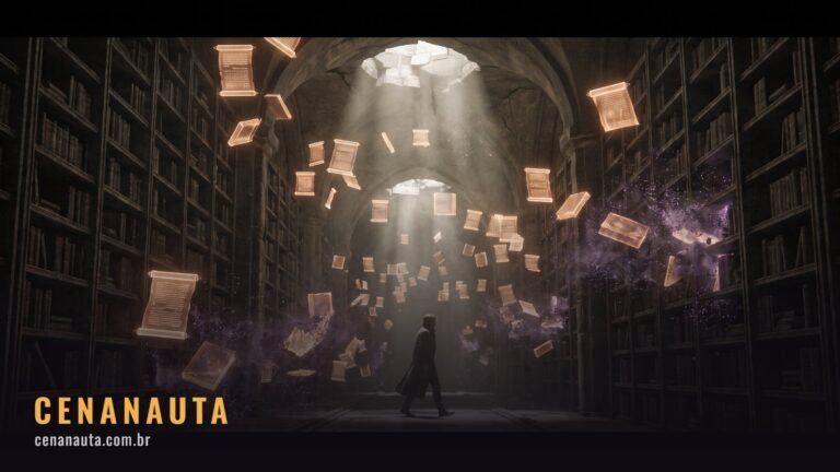 Cânone em Star Wars: arquivo escuro com livros holográficos, metade se desfazendo em partículas