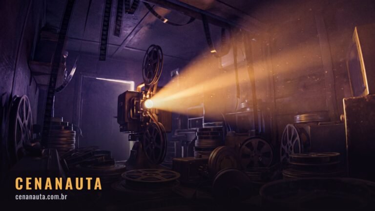 Clássicos do cinema: projetor antigo em cabine escura com feixe de luz atravessando a poeira