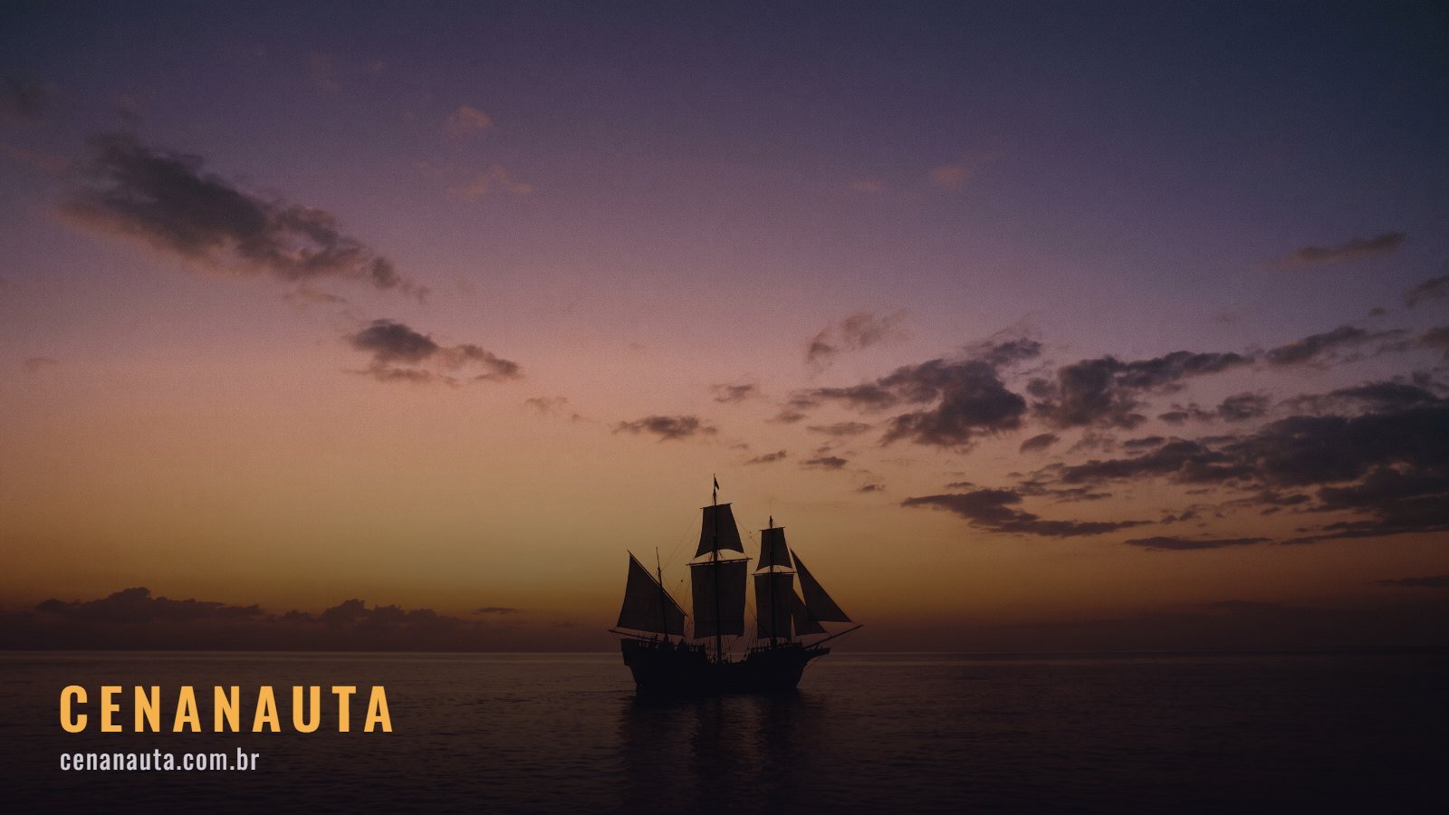Por onde começar One Piece: pequeno navio a vela silhuetado em um oceano imenso ao amanhecer