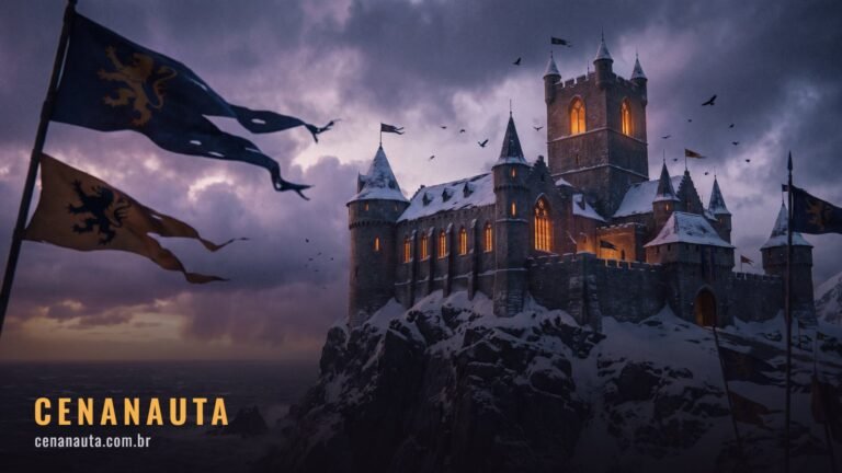Castelo medieval na neve ao anoitecer com estandartes rasgados ao vento
