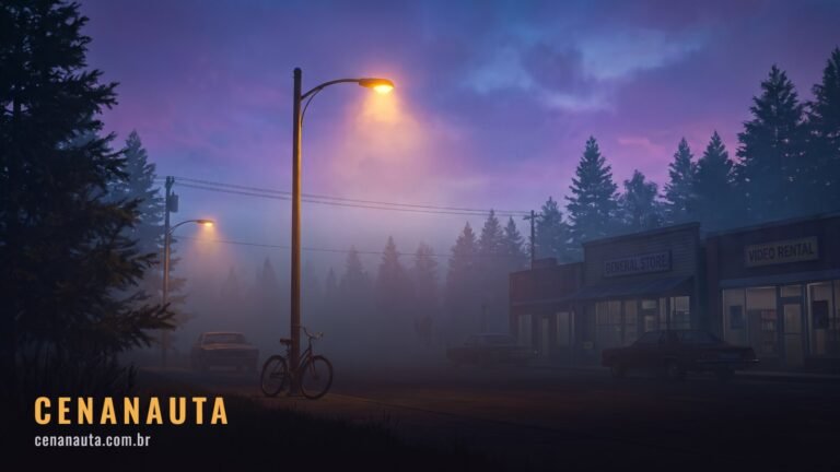 Rua de cidade pequena à noite nos anos 1980, bicicleta abandonada sob poste com neblina
