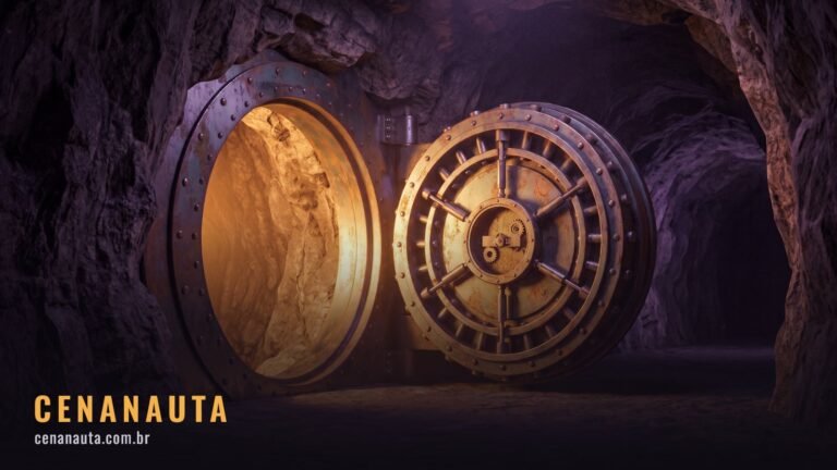 Fallout: enorme porta circular de aço entreaberta com luz saindo de dentro