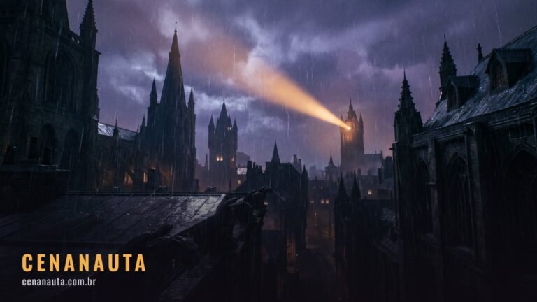 Filmes do Batman: skyline gótica sob chuva com um facho de luz cortando as nuvens