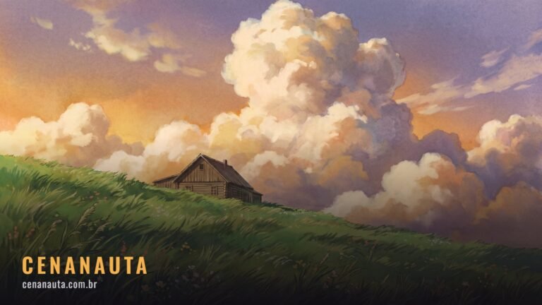 Filmes do Studio Ghibli: colina verde com capim ao vento e nuvens enormes, em aquarela
