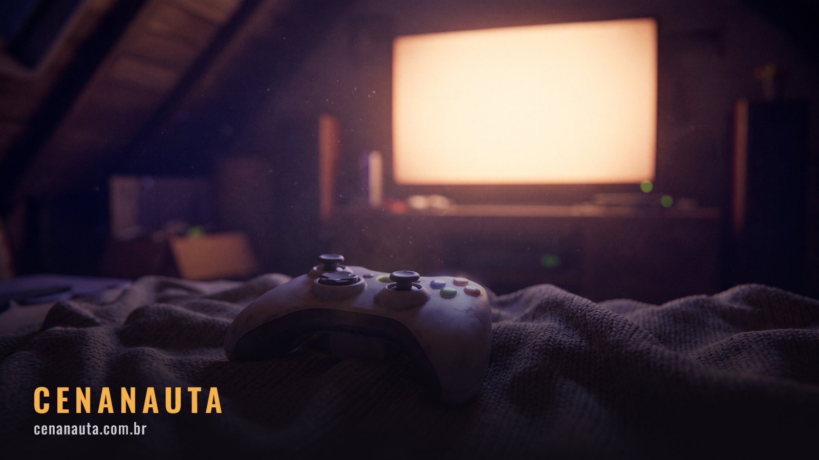 Melhores jogos com história: controle sobre uma manta em sala escura com tela ao fundo