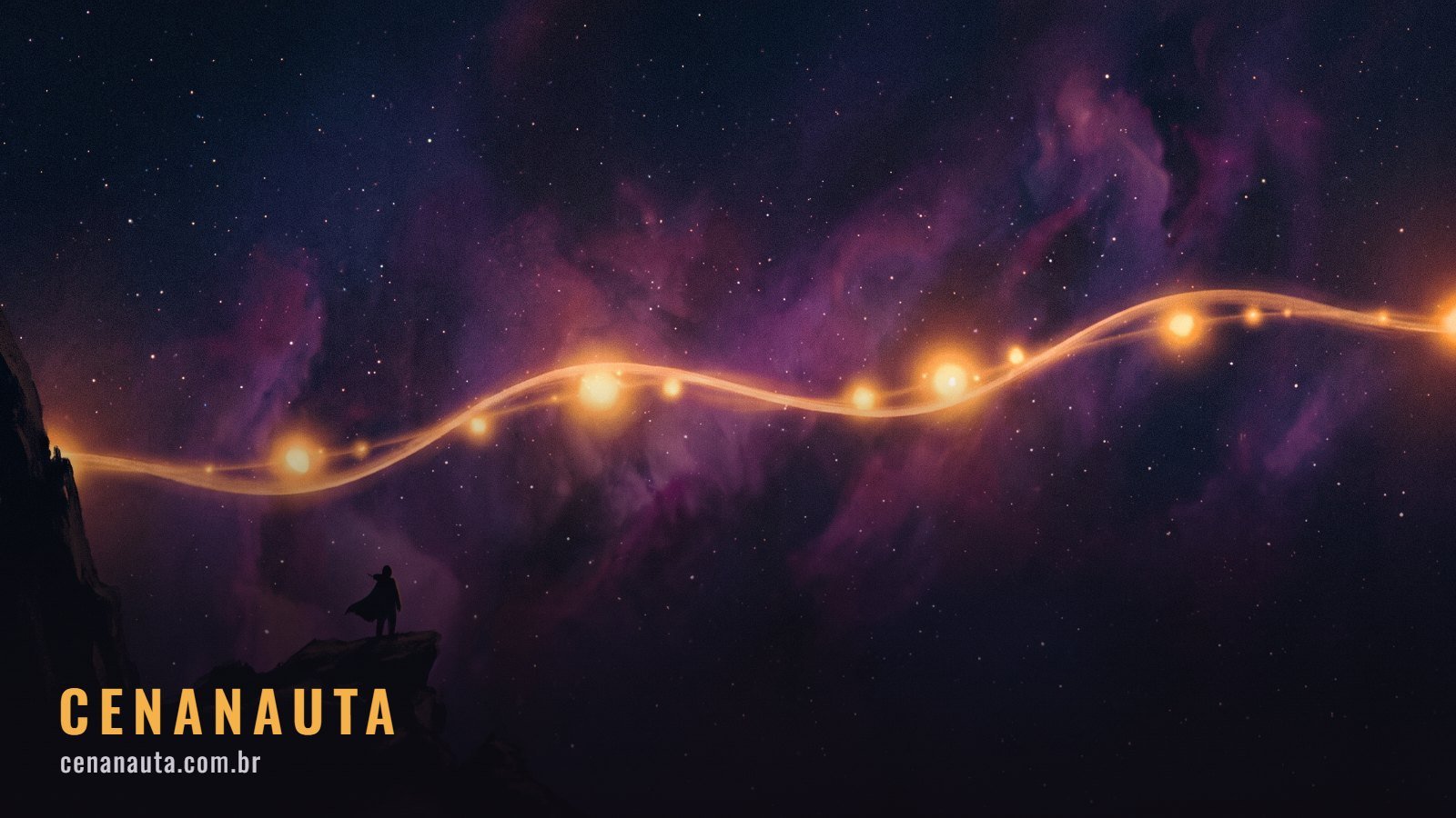 Linha do tempo de Star Wars: fita luminosa cruzando o espaço profundo com nós brilhantes
