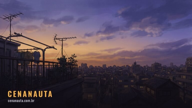 Melhores animes de todos os tempos: laje ao anoitecer sobre uma cidade japonesa sem fim