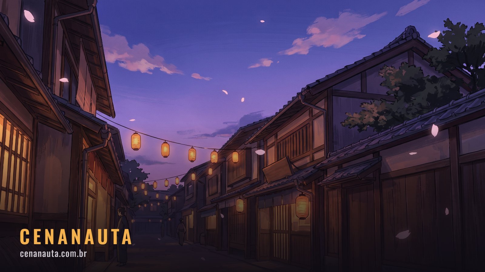 Melhores animes para iniciantes: rua japonesa ao anoitecer ilustrada em traço de animação