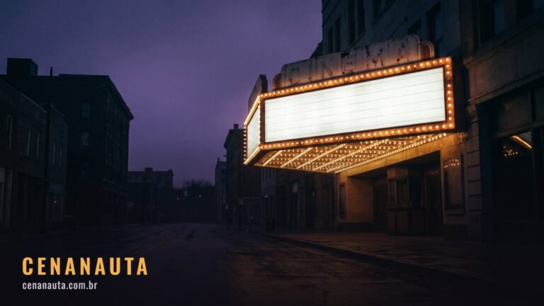 Onde assistir os filmes da DC: marquise de cinema antigo iluminada à noite em rua vazia