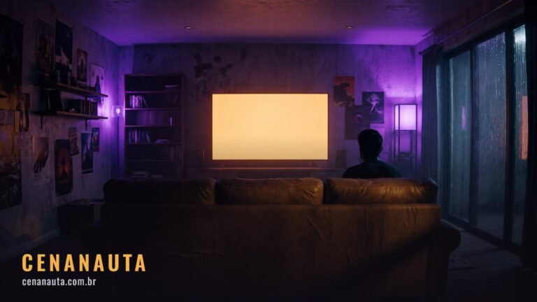 Onde assistir Marvel no Brasil: sala de estar escura vista por trás do sofá com uma TV iluminada