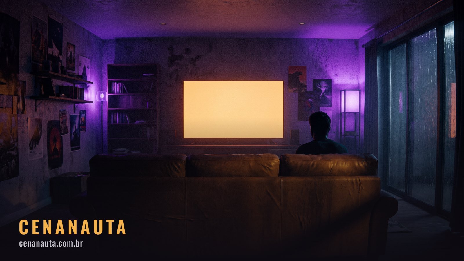Onde assistir Marvel no Brasil: sala de estar escura vista por trás do sofá com uma TV iluminada