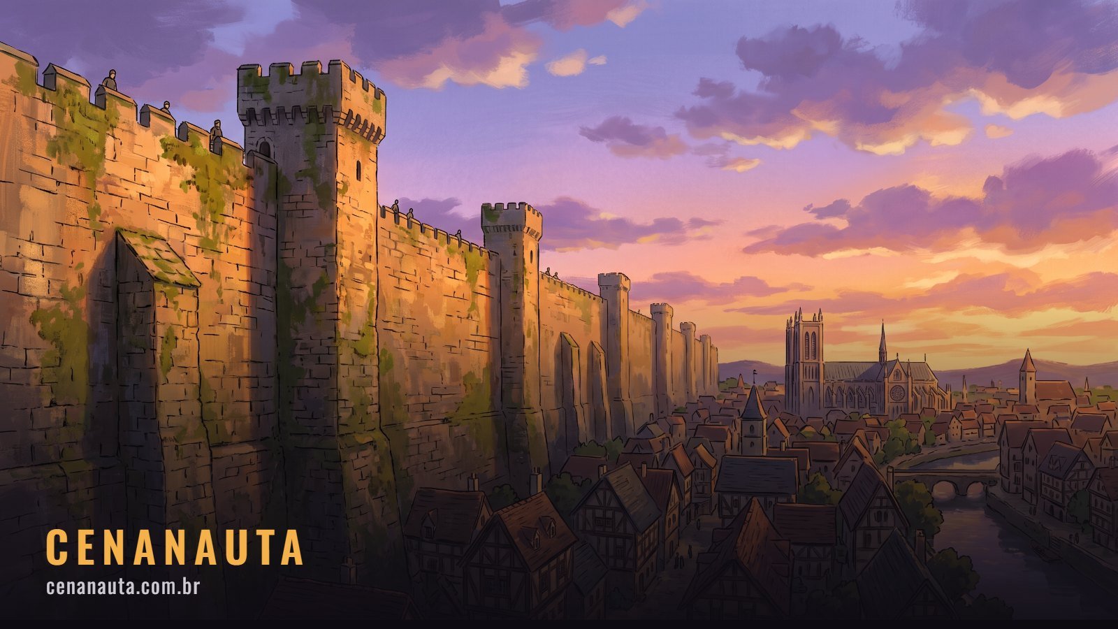 Ordem para assistir Ataque dos Titãs: muralha de pedra enorme sobre uma cidade medieval ao pôr do sol