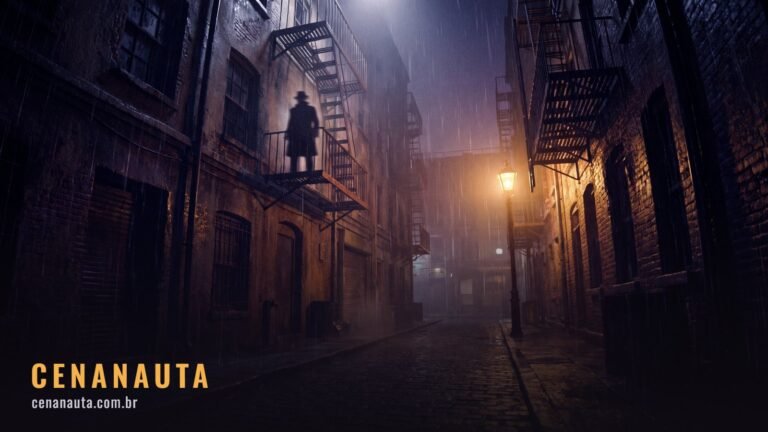 Ordem para assistir Demolidor: beco urbano molhado de chuva à noite com silhueta em escada de incêndio