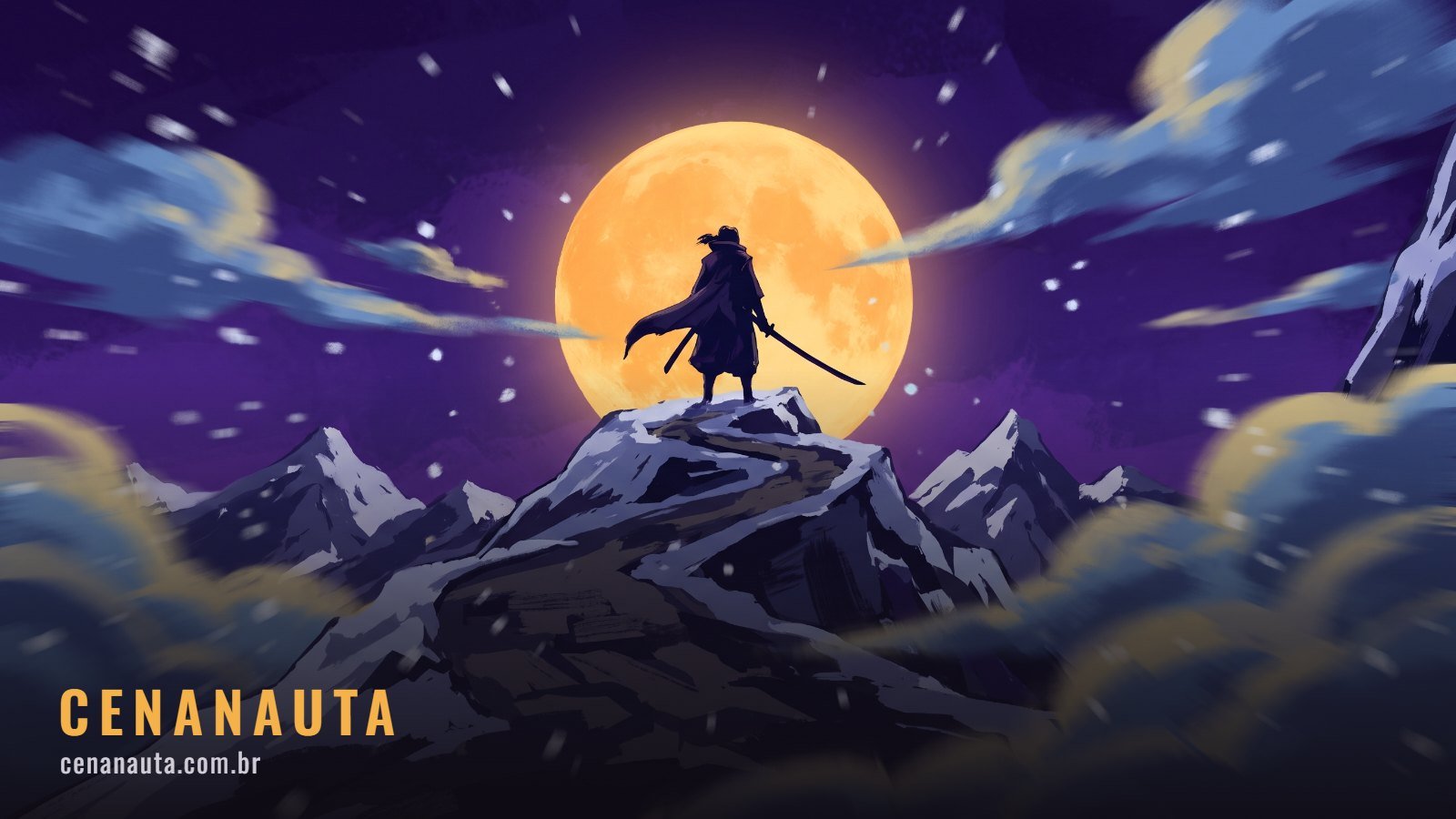 Ordem para assistir Demon Slayer: figura solitária com katana em trilha nevada sob lua cheia
