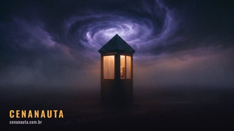 Ordem para assistir Doctor Who: cabine alta iluminada em campo de neblina sob vórtice violeta