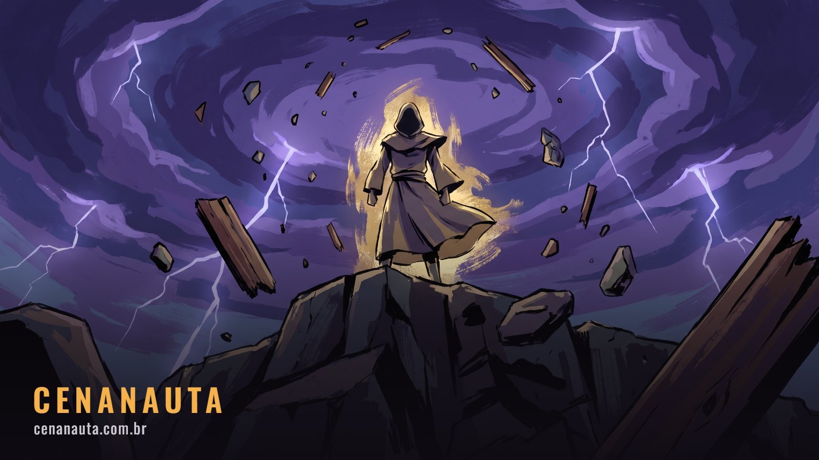 Ordem para assistir Dragon Ball: figura em rocha com aura dourada sob céu violeta