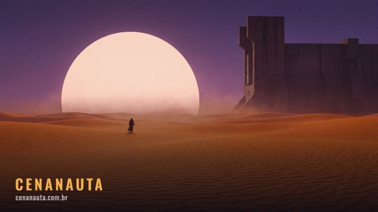 Ordem para assistir Duna: deserto de dunas alaranjadas com figura solitária caminhando