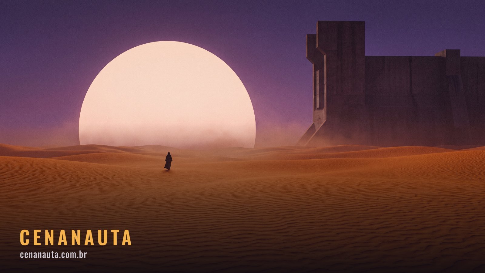 Ordem para assistir Duna: deserto de dunas alaranjadas com figura solitária caminhando