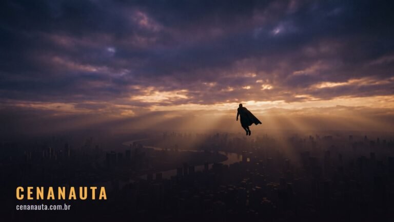 Ordem para assistir os filmes da DC: silhueta de capa voando sobre uma cidade ao amanhecer