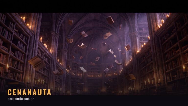 Ordem para assistir Harry Potter: biblioteca gótica à luz de velas com livros flutuando