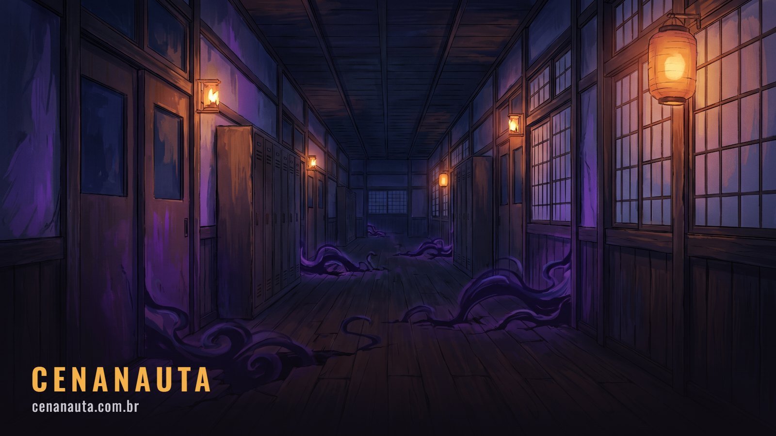 Ordem para assistir Jujutsu Kaisen: corredor escolar escuro com energia violeta saindo do chão