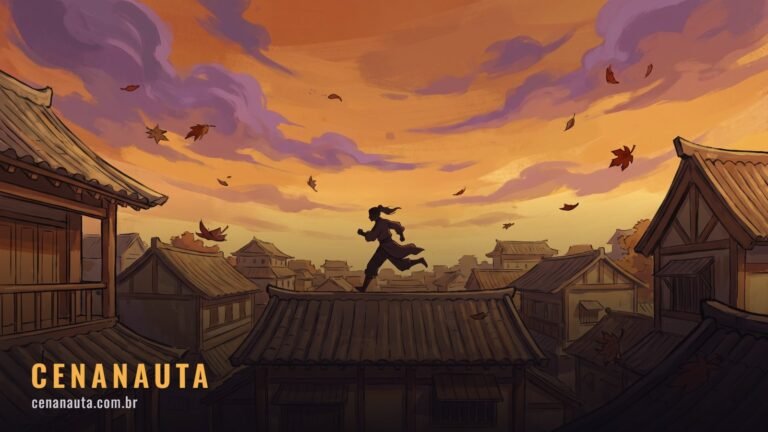 Ordem para assistir Naruto: figura correndo pelos telhados de uma vila ao pôr do sol, em traço de animação