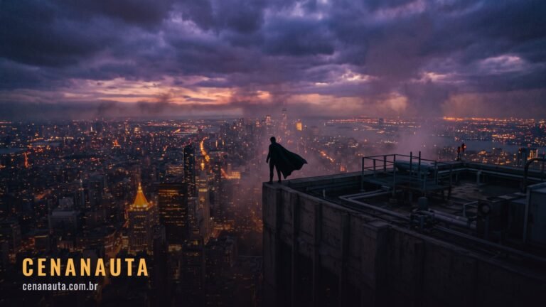 Filmes da Marvel: silhueta de capa no alto de um arranha-céu sobre uma cidade iluminada