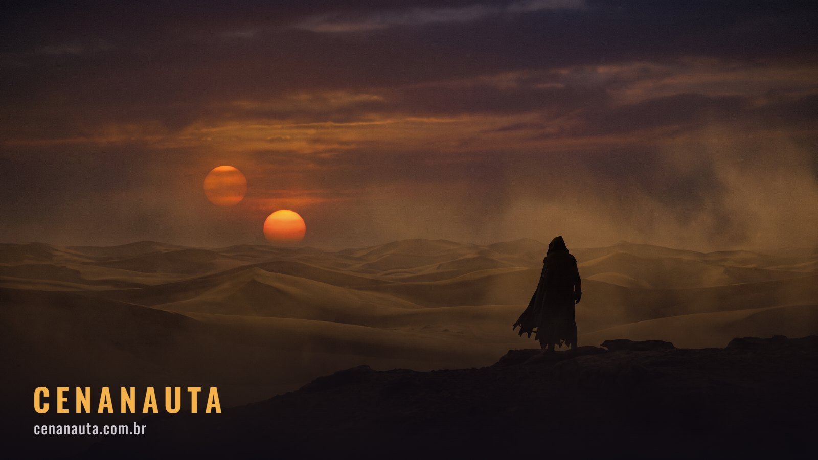 Filmes de Star Wars: dois sóis se pondo sobre dunas douradas com uma silhueta ao longe