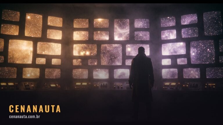 Séries de Star Wars: parede de telas iluminadas em uma sala escura com uma silhueta em frente