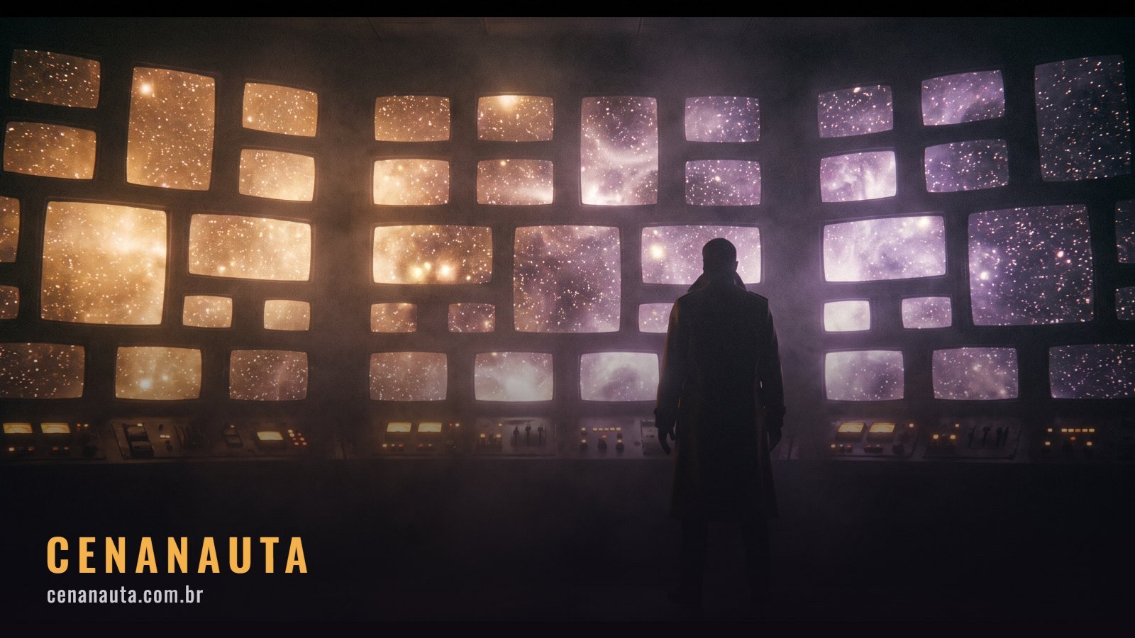 Séries de Star Wars: parede de telas iluminadas em uma sala escura com uma silhueta em frente
