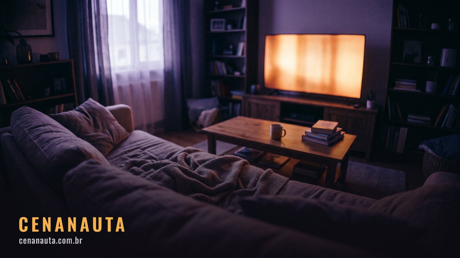 Séries para maratonar: sala escura vista por trás do sofá com manta e uma tela iluminada