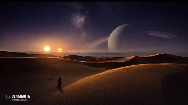 Guia de ordem para assistir Star Wars: deserto de dunas com dois sois no horizonte e um planeta com aneis