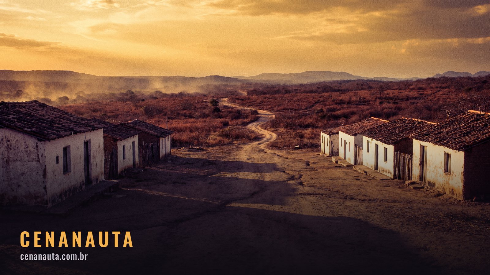 Melhores filmes de terror brasileiros: cidade do sertão ao anoitecer com estrada de terra