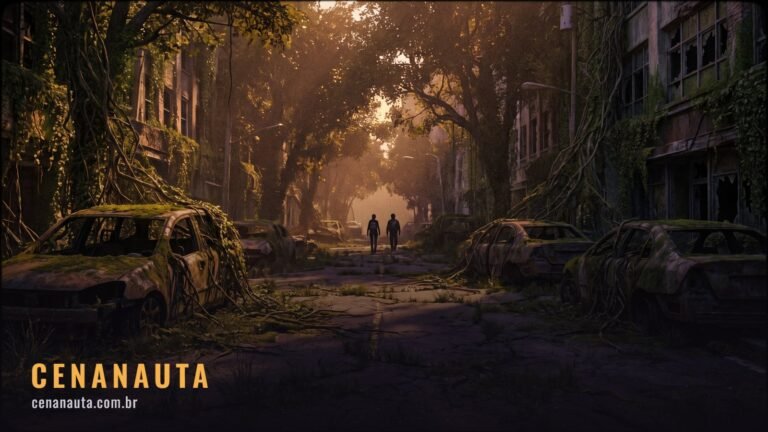 The Last of Us: rua urbana abandonada tomada por vegetação com duas silhuetas ao longe