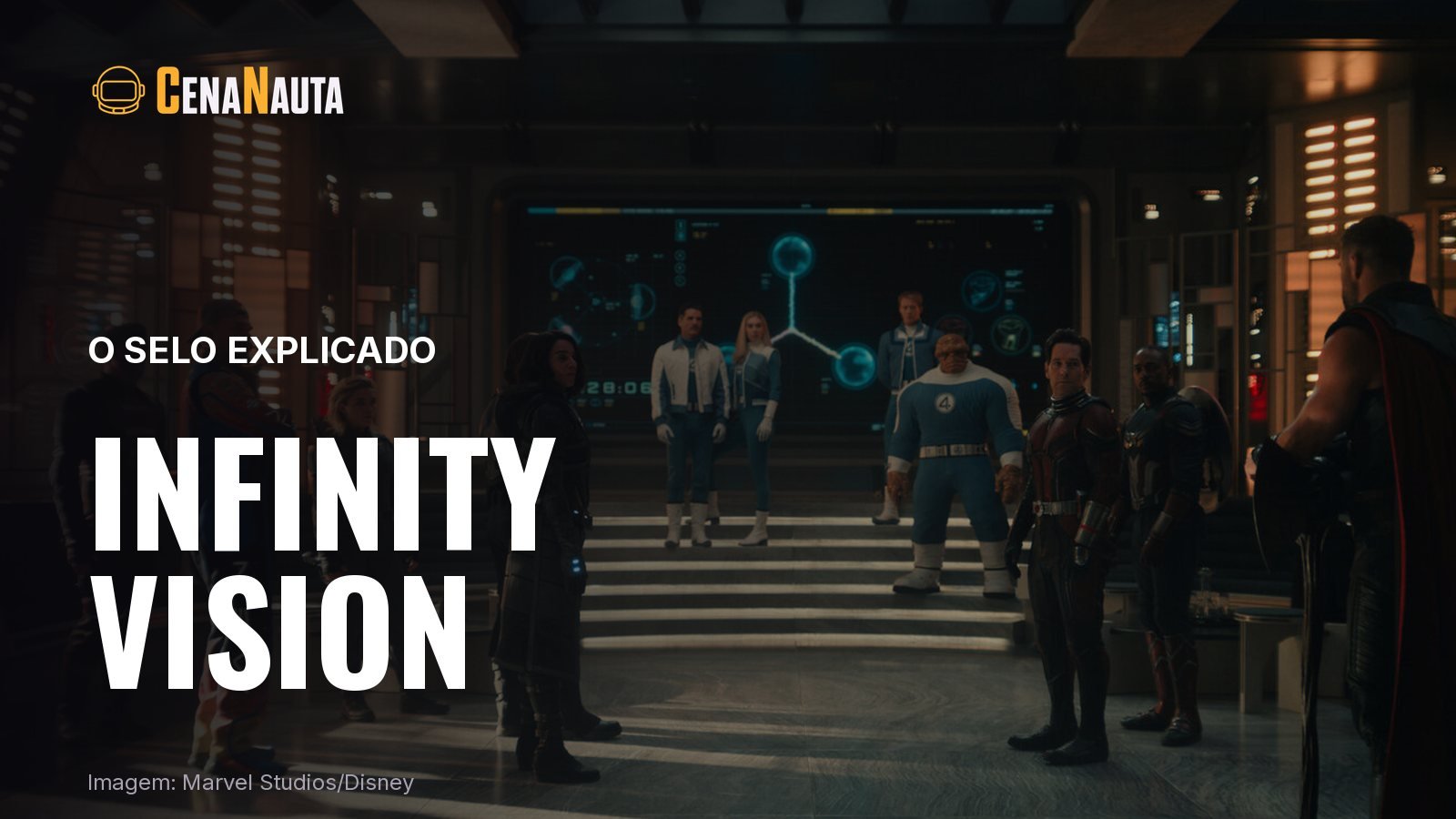 Cena de Vingadores: Doutor Destino, ilustrando o selo Infinity Vision