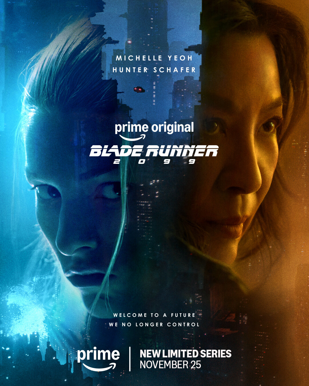 Pôster de Blade Runner 2099 com Hunter Schafer e Michelle Yeoh