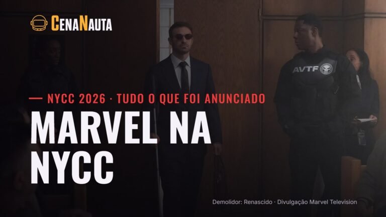 Charlie Cox como Matt Murdock em Demolidor: Renascido, com o texto Marvel na NYCC