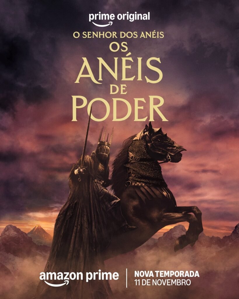 Pôster oficial da 3ª temporada de Os Anéis de Poder com um Nazgûl a cavalo