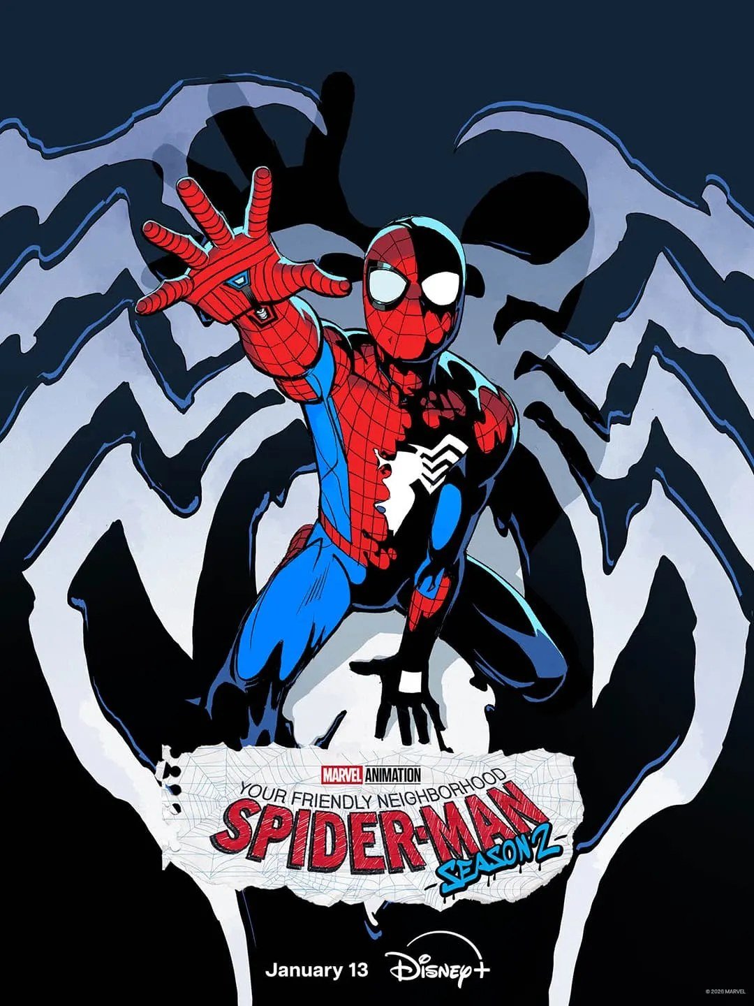 Pôster da segunda temporada de Seu Amigão da Vizinhança: Homem-Aranha, com o simbionte ao fundo