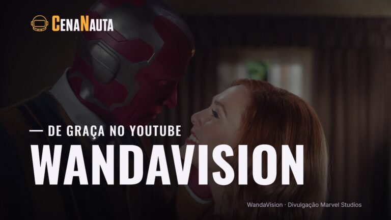 Visão e Wanda em cena de WandaVision, com o texto De graça no YouTube